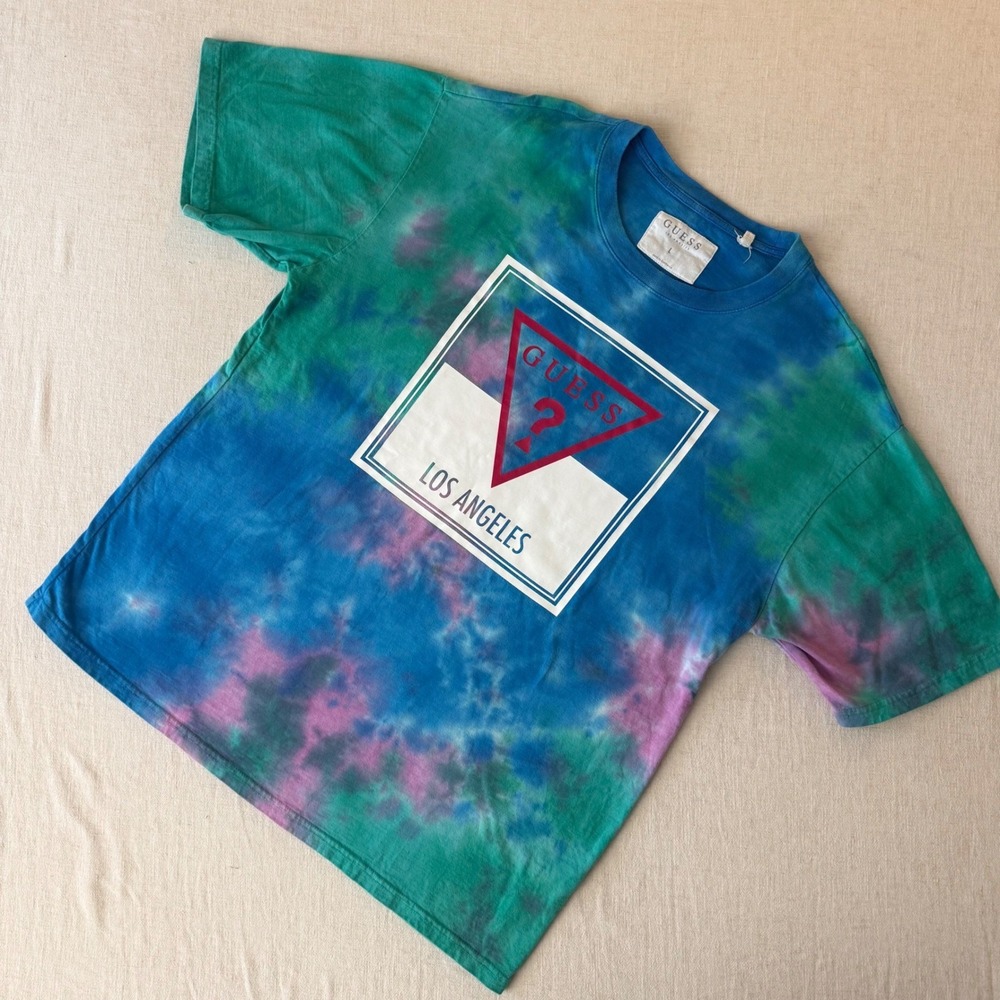 Guess Los Angeles Mens Tie‎ Dye Logo Graphic T-Shirt Blue Green Large